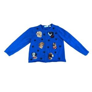 Blue Cardigan Sweater Knit Dogs 1990s Large Vintage Marisa Christina Paw Prints